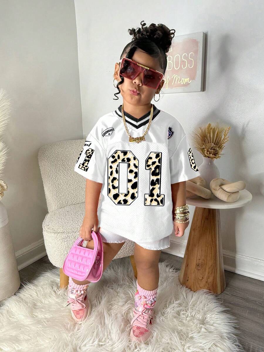 Young Girl Loose Fit V-Neck Leopard Print & Letter Graphic Casual Sports T-Shirt Kids Two Piece Set