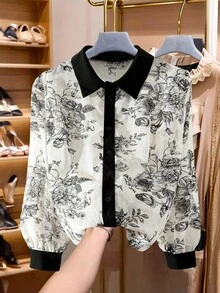 GlowEve CURVE Áo sơ mi dài tay ve áo họa tiết hoa cỡ lớn dành cho nữ - Nhiều màu - Xem 1