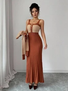 SHEIN Elenzya 女士秋冬休闲复古图案无袖连衣裙，百搭优雅，适合外出、工作、上学、度假 - 包括吊带背心、羊毛衫、百褶裙、针织毛衣 - 彩色 - 查看 3