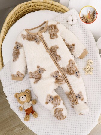 Cozy Pixies Newborn Baby Boy Star Pattern 3D Ear Long Sleeve Jumpsuit, Casual & Versatile, Thick Thermal Lining For Autumn/Winter Fall