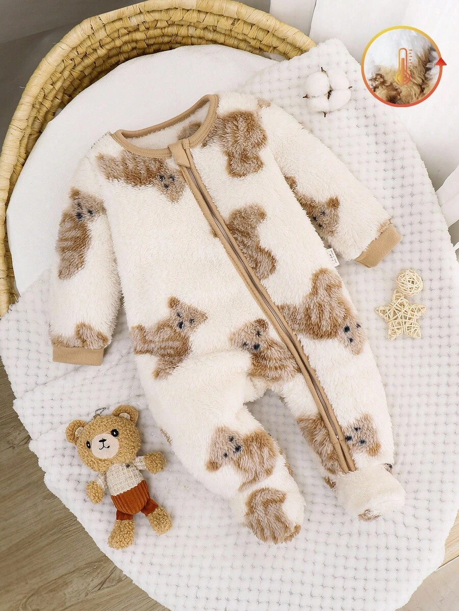 Cozy Pixies Newborn Baby Boy Star Pattern 3D Ear Long Sleeve Jumpsuit, Casual & Versatile, Thick Thermal Lining For Autumn/Winter Fall