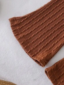 SHEIN Playful Pals 2件套春秋新款韩版时尚宝宝/女童针织提花拼布衬衫上衣+修身喇叭裤套装 - 咖啡棕 - 查看 5