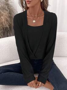 SHEIN Clasi Women's Elegant Pink Waffle Knit Crew Neck Sweatshirt Black Top - Black - View 6