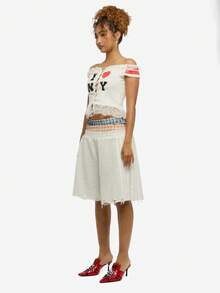 SUMWON WOMEN Gorset bardot z odkrytymi ramionami, koronką, nadrukiem w serca i koronkowymi wykończeniami, idealny na letnie festiwale - Biały - Zobacz 4