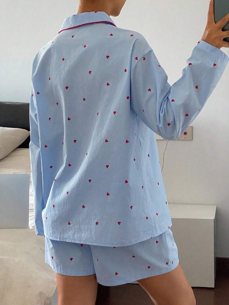 DAZY طقم بيجامة للنساء مطبوع عليه قلوب بخياطة ملونة، ملابس خريف وشتاء رمضان - الأزرق - مشاهدة 2