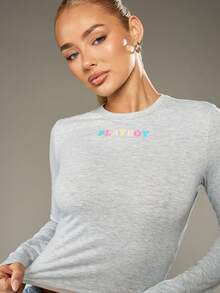 Missguided x Playboy Cotton Logo Long Sleeve Crop Top With Colorful Rainbow Text Design - Light Grey - View 3