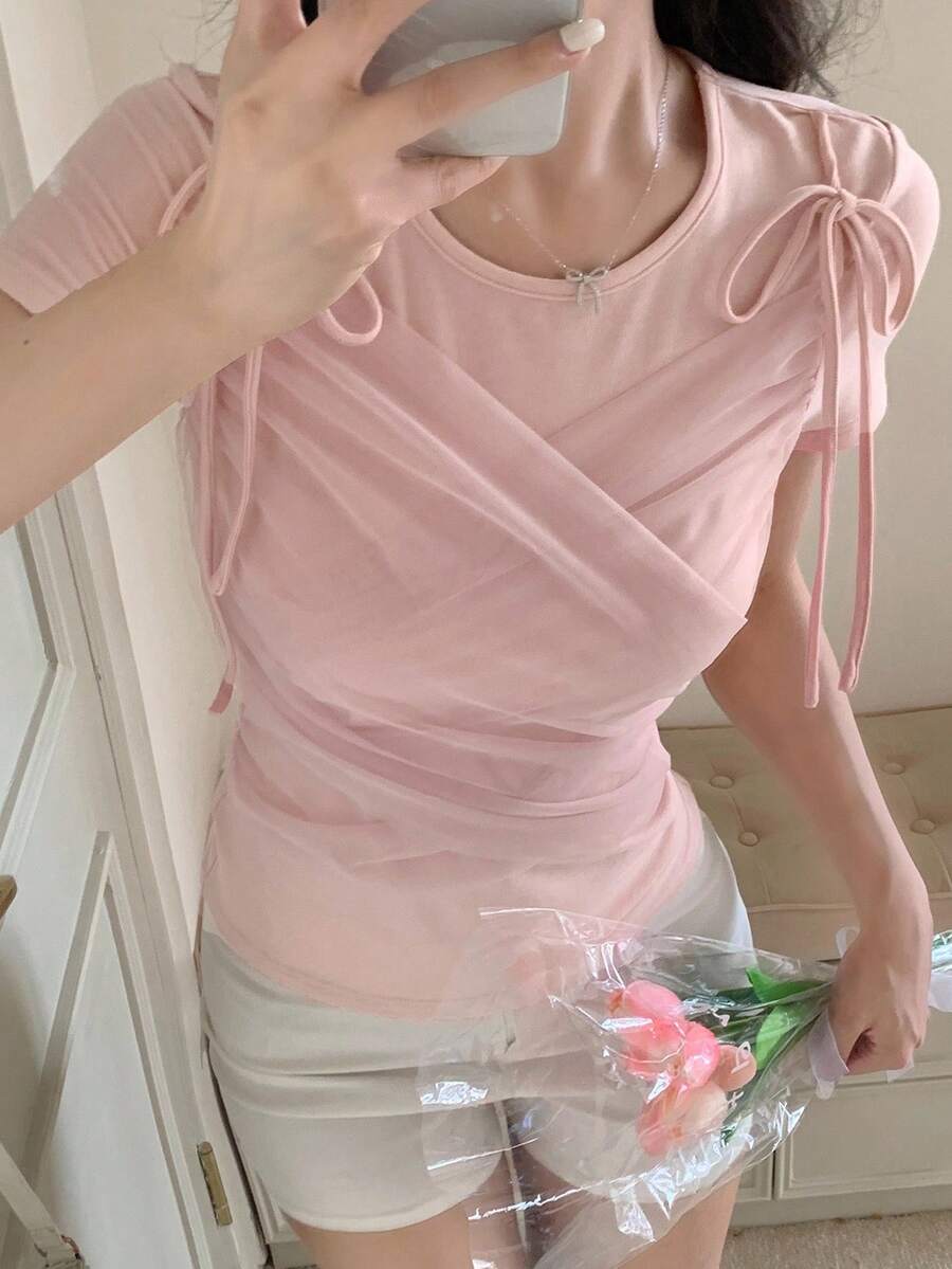 DAZY 女士夏季圆领网眼拼接甜美可爱短袖T恤