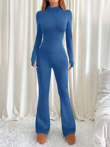 SHEIN EZwear 2 件女士休闲雾蓝色长袖上衣和喇叭裤套装，秋冬 - 霧霾藍 - 查看 3