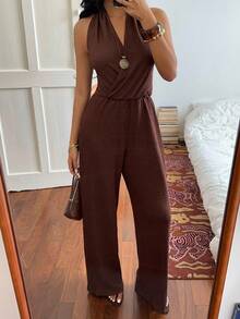SHEIN SunnyBelle Women's Deep V-Neck Backless Jumpsuit, Chocolate Brown Color, Slim Fit, Wide Leg, Fashionable & Elegant, Suitable For Vacation