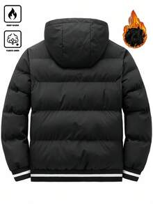 Manfinity Homme 男士长袖秋冬连帽抓绒羽绒服，黑色，多口袋休闲加厚冬季外套保暖羽绒服 - 黑色 - 查看 2