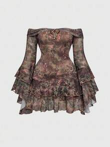 ROMWE Váy hở vai mini tay loe họa tiết Paisley, ren xếp nếp phong cách Hippie cổ điển cỡ lớn cho nữ - màu nâu - Xem 1