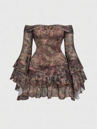 Plus Size Women Vintage Hippie Ruffled Ribbon Lace Paisley Print Off Shoulder Mini Flare Sleeve Dress