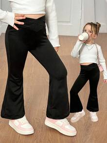 SHEIN 少女黑色纯色高腰喇叭裤，适合居家休闲、户外运动，可搭配运动服，适合秋冬季、上学、日常穿着。喇叭裤，黑色喇叭裤，秋季喇叭打底裤，黑色半身裙，喇叭裤打底裤。 - 黑色 - 查看 8