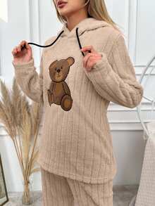 EURMUSE Women's Bear Print Hooded Long Sleeve Sleepwear Top - Camel - View 4
