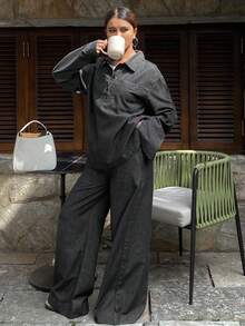 DAZY 女士休闲牛仔套头衫和直筒裤套装 - 黑色 - 查看 2