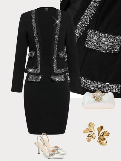 Ellevyn Women's Elegant Beaded Patchwork Long Sleeve Top & Skirt 2 Pieces Set