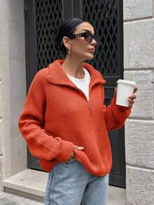 EURMUSE Woman Zipper Collar Loose Fit Comfy Warm Sweater - Burnt Orange - View 6