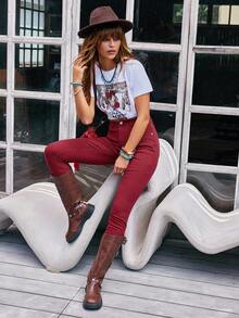 EMERY ROSE 纯色紧身纽扣门襟休闲百搭牛仔裤酒红色裤子女士红色裤子女式裤子高腰裤高腰裤 - 酒紅色 - 查看 3