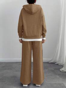 EURMUSE Women Grey Marl Oversize Sweatshirt And Sweatpant Two Pieces Set - Chocolate Brown - View 2