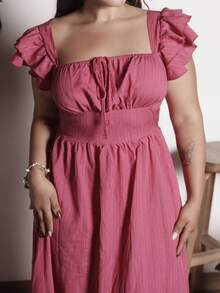 Lupita Cardoza New Square Neck Layered Ruffle Sleeve Bow Front Tie Back Design Fashionable Young Lady Casual Fitted Waist Slimming Elegant Women Dress - Hot Pink - View 6