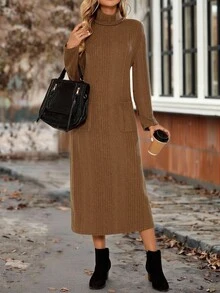EMERY ROSE Women's Casual Solid Color Turtleneck Double Pocket Mid-Length Dress, Autumn/Winter  Autumn Outfits For Women  Winter Dress Women  Going Out Dress