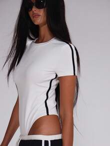 MUSERA Contrast Stripe Binding Slinky Fitted Short Sleeve Bodysuit Cute Autumn Fall Teacher Back To School Casual Work Streetwear Sporty Work Wear Corporate Run  Evening Spring - White - View 6