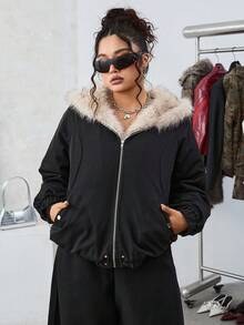 SHEIN EZwear 大码女式仿皮草连帽宽松冬季夹克 - 黑色 - 查看 5