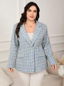 Reflora Plus Size Blue Tweed Elegant Commuter Casual Business Suit Jacket, Tweed Blazer, Baby Blue Blazer, Baby Blue Jacket, Autumn Blazer, Winter Outerwear, Casual Blazer, Women's Stylish Suit Jacket, Fall Winter Coat, Elegant Baby Blue Blazer, Office And Daily Wear Jacket, Fall Clothes For Women, Autumn Clothing For Women, Winter Clothes, Women's Winter Coat