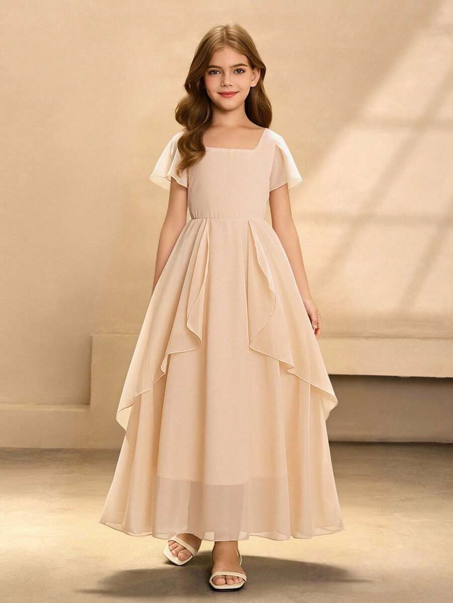 优雅无袖长裙,适合少女参加宴会、派对、婚礼、花童、舞会、度假、生日、毕业典礼、圣诞节、万圣节等场合 - 杏色 - 查看 1
