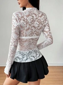 EgrlEra Women's Lace Elastic Peony Floral Sheer Sexy Blouse (Random Cut) - White - View 2