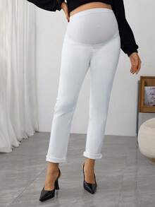 SHEIN Adjustable Waist Frayed Hem Maternity Skinny Casual Jeans - White - View 1