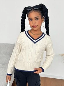 Tween Girl 纯色条纹细节 V 领条纹麻花针织休闲毛衣，秋冬保暖，返校日穿 - 杏色 - 查看 3
