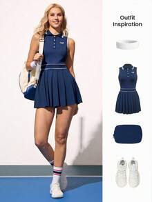 CourtClass 女式休闲运动褶皱无袖纽扣半开襟连衣裙 - 藏蓝色 - 查看 5