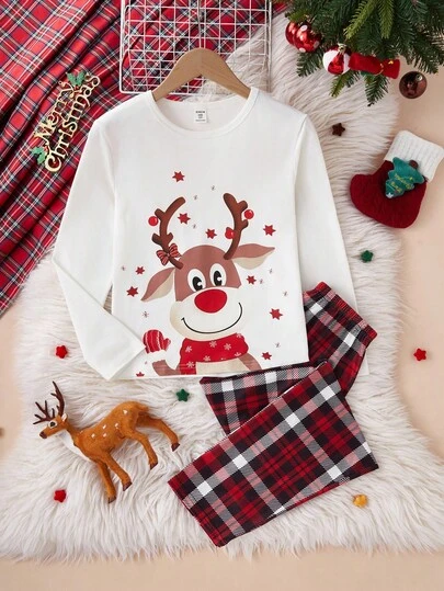 SHEIN 2件套圣诞驯鹿印花格子睡衣套装，适合大女孩