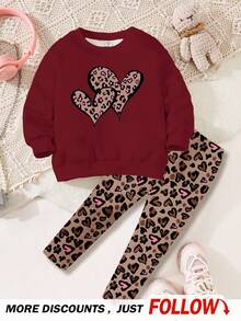 SHEIN Happikins Young Girl Leopard Heart Pattern Casual Crew Neck Long Sleeve Sweatshirt And Leggings 2 Pieces Set, Suitable For Autumn/Winter Fall - Multicolor - View 3