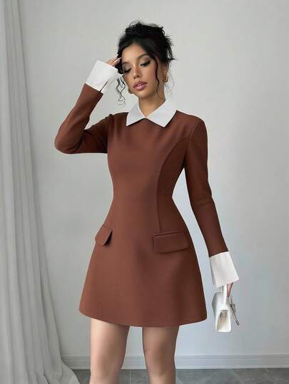 Elenzga Women's Contrast Color Shirt Collar Long Sleeve Faux Pocket Minimalist Short Elegant Dress