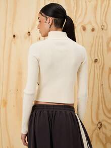 COUREZ Asymmetric Zip Up Fitted Rib Knit Jumper With Graphic /Y2K Going Out For Women Spring For Women Going Out Tops Rave Women's Spring Sweater - Apricot - View 3