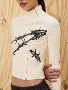 COUREZ Asymmetric Zip Up Fitted Rib Knit Jumper With Graphic /Y2K Going Out For Women Spring For Women Going Out Tops Rave Women's Spring Sweater - Apricot - View 6