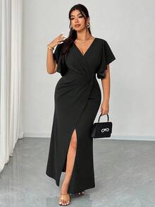 Elenzga 加大码优雅浪漫荷叶边袖 V 领腰部合身美人鱼下摆鸡尾酒会婚礼宾客礼服 - 黑色 - 查看 4