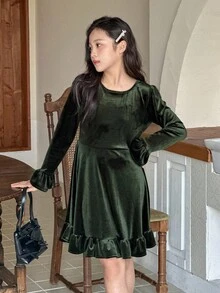 Dazy Kids Váy dài tay họa tiết hoa thanh lịch cho bé gái, mùa thu - màu xanh lá - Xem 4
