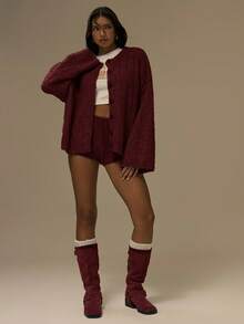 MUSERA 超大款落肩纽扣针织开衫，可爱街头风，适合节日、农舍、乡村、复古、工作、办公室、晚宴、派对等场合，优雅春季毛衣，情人节必备 - 酒紅色 - 查看 5