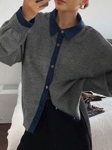 DAZY 女式休闲牛仔拼布落肩长袖开衫，秋冬 - 灰色 - 查看 6