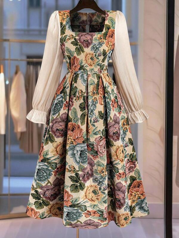 Velvienne Plus Size Square Neck Vintage Floral Lantern Sleeve Pleated Elegant Dress Fall Cloth For Women