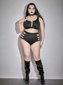 ROMWE Goth 加大码哥特式束身衣系带紧身胸衣短款上衣和丁字裤内衣套装 - 黑色 - 查看 6