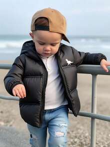 SHEIN Áo khoác trùm đầu họa tiết khủng long dễ thương cho trẻ mới biết đi/bé trai/bé gái, áo khoác cotton mềm mại, dày dặn, thoải mái, áo khoác ngoài thông thường cổ điển đa năng, phù hợp mặc trong nhà, ngoài trời, mặc hàng ngày, thể thao, vui chơi, tiệc tùng, chụp ảnh, lễ hội, thời trang đường phố, Halloween, Giáng sinh, năm mới, thu/đông - màu đen - Xem 1
