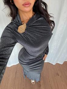 Vavine 女式常规款圆领腰部褶饰金属装饰纽扣设计长袖收腰美人鱼下摆连衣裙，优雅正式，适合音乐会、庆典和特殊场合 - 黑色 - 查看 4