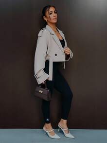 SAYEHFBABY Women's Notched Lapel Button Front Long Sleeve Short Trench Coat, For Daily Casual - Khaki - View 5