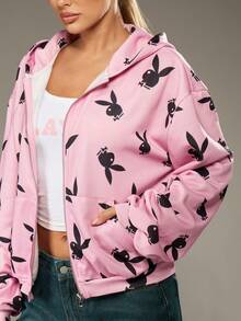 Missguided x Playboy Bunny Logo Print Pullover Sweatshirt With Hood And Centre Pocket For Casual Streetwear Style - Pink - View 5