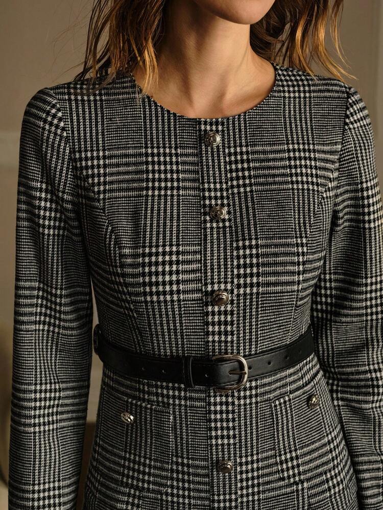 BLACK GLEN PLAID PLEATED HEM BELTED MID-LENGTH DRESS