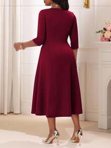 SHEIN Lady 大码女式优雅夏冬优雅紫色针织圆领飘逸长袖大码连衣裙化妆舞会礼服白色长袖连衣裙情人节服装，情人节 - 酒紅色 - 查看 4